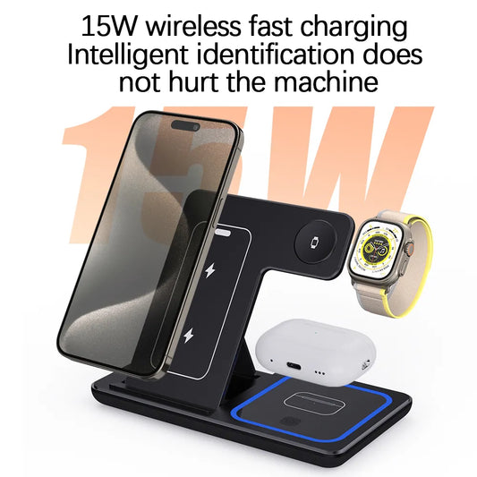 🔌 Chargeur Sans Fil 3-en-1 – Pour Smartphone, AirPods & Apple Watch